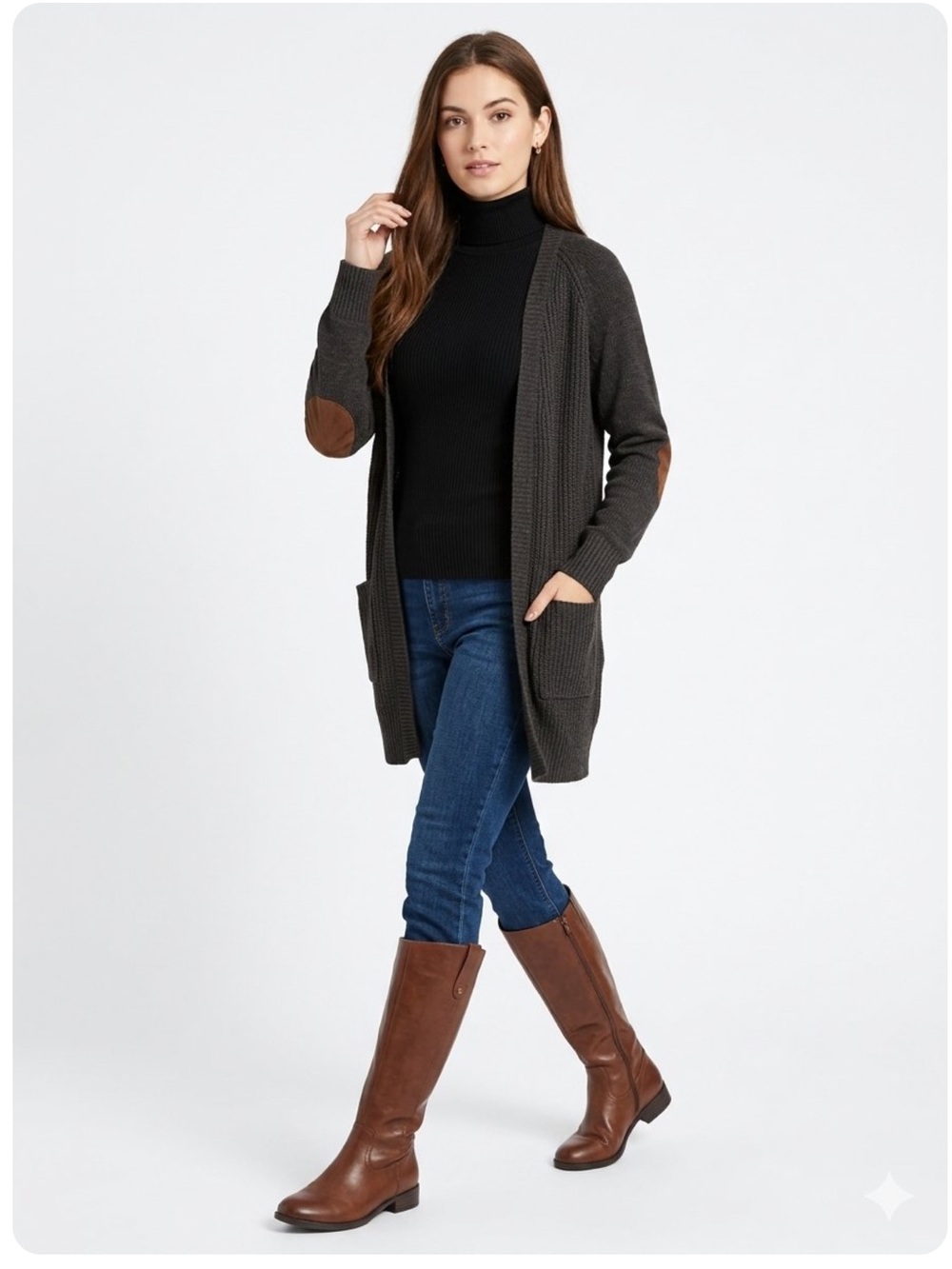 RDI Dark Charcoal Open-Front Cardigan with Brown Elbow Patches